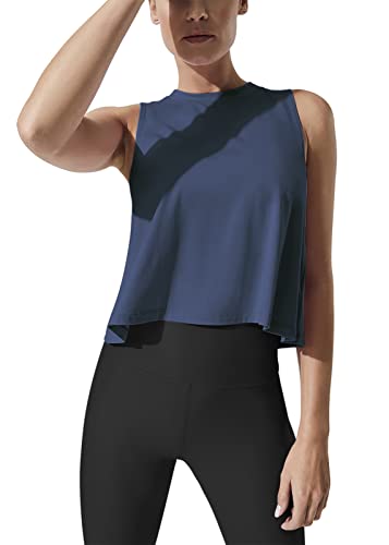 Mippo Cropped Workout Tops for Women Cute Workout Shirts Sleeveless Tops Womens Crop Muscle Tanks Flowy Loose Crop Tops High Neck Tank Tops Navy Blue M