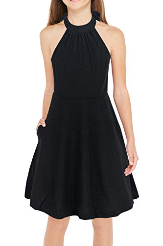 GORLYA Girl's Halter Neck Cold Shoulder Sleeveless Summer Casual Sundress A-line Dress with Pockets for 8 Years (GOR1013, 7-8Y, Green)