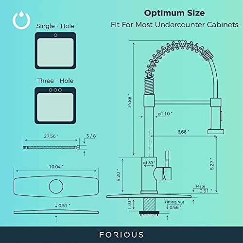 FORIOUS Kitchen Faucet with Pull Down Sprayer, Commercial Spring Kitchen Sink Faucet with Pull Out Sprayer, Single Handle Kitchen faucets with Deck Plate, Brush Nickel