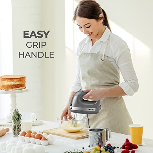 Mueller Electric Hand Mixer, 5 Speed 250W Turbo with Snap-On Storage Case and 4 Chrome-plated Steel Accessories for Easy Whipping, Mixing Cookies, Brownies, Cakes, and Dough Batters