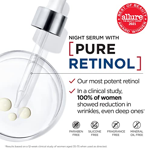 L'Oreal Paris Retinol Serum for Face, Night Serum 0.3% Pure Retinol from Revitalift Derm Intensives, Visibly Reduce Wrinkles, Even Deep Ones, 1 Oz Serum + Moisturizer Cream Samples, Packaging May Vary