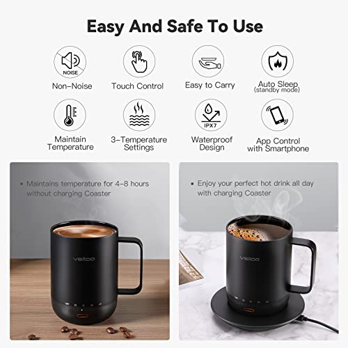 VSITOO S3 Pro Temperature Control Smart Mug with Lid, Coffee Mug Warmer with Mug for Desk Home Office, App Controlled Heated Coffee Cup, Self Heating Coffee Mug 14 oz, Electric Mug - Improved Design