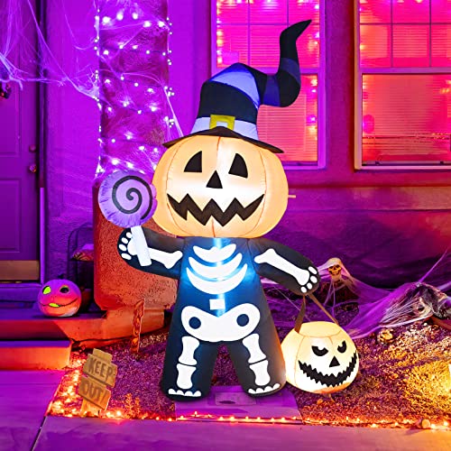 GOOSH 6 FT Height Halloween Inflatable Outdoor Pumpkin with Skull Body, Blow Up Yard Decoration Clearance with LED Lights Built-in for Holiday/Party/Yard/Garden