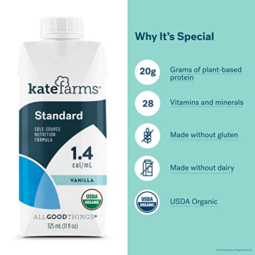 KATE FARMS Organic Vegan Plant Based 1.4 Sole-Source Nutrition Shake, Vanilla Flavor, 20g of protein, 28 Vitamins and Minerals, High Calorie Meal Replacement Drink, Protein Shake, Gluten Free and Non-GMO, 11 Fl oz (Pack of 12)