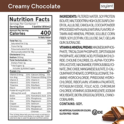 Soylent Plant Based Creamy Chocolate Meal Replacement Shake, Contains 20g Complete Vegan Protein, Ready-to-Drink, 14oz, 12 Pack