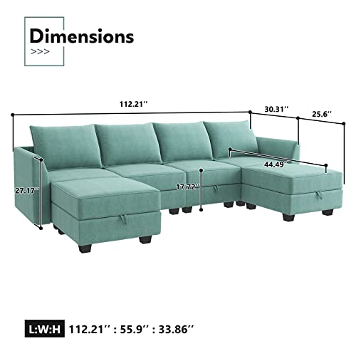 HONBAY Convertible Sectional Sofa U Shaped Couch with Reversible Chaise Modular Oversized Couch Sectional Sofa with Ottomans, Aqua Blue