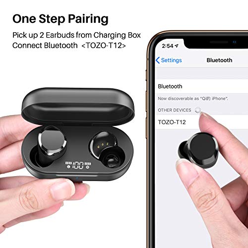 TOZO T12 Wireless Earbuds Bluetooth Headphones Premium Fidelity Sound Quality Wireless Charging Case Digital LED Intelligence Display IPX8 Waterproof Earphones Built-in Mic Headset for Sport