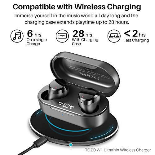 TOZO T12 Wireless Earbuds Bluetooth Headphones Premium Fidelity Sound Quality Wireless Charging Case Digital LED Intelligence Display IPX8 Waterproof Earphones Built-in Mic Headset for Sport