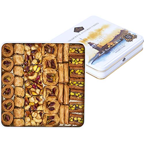 Cerez Pazari Premium Assorted Baklava Pastry Gift Basket Tin Box 1.32lbs ℮ Apprx.45-48 pcs | Turkish Pistachio, Almond, Walnut, Cashew, Hazelnut Traditional Dessert | No Preservatives, No Additives