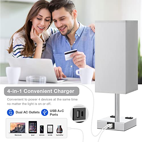 aooshine Bedside Lamp with USB Port - Touch Control Table Lamp for Bedroom with USB C+A Charging Ports & AC Outlets, 3-Way Dimmable Nightstand Lamp for Living Room Office(LED Bulb Included)
