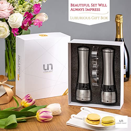 Salt and Pepper Grinder Set - Stainless Steel Pepper Grinder and Salt Grinder with Tray in Luxurious Gift-Box - Manual Mills with Ceramic Grinders and Adjustable Coarseness (Set of 2 plus Tray)