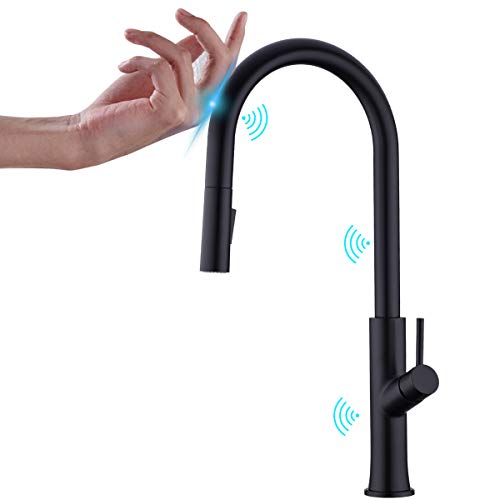Touch-On Kitchen Faucet with Pull Down Sprayer Single Handle Brass Touch Activated Kitchen Sink Faucet with 2-Way Pull Out Sprayer, Lead-Free Water Supply, KPF-1322B-T, Matte Black