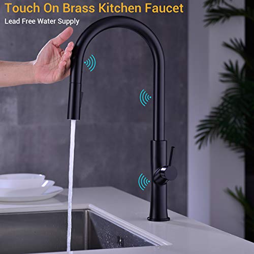 Touch-On Kitchen Faucet with Pull Down Sprayer Single Handle Brass Touch Activated Kitchen Sink Faucet with 2-Way Pull Out Sprayer, Lead-Free Water Supply, KPF-1322B-T, Matte Black