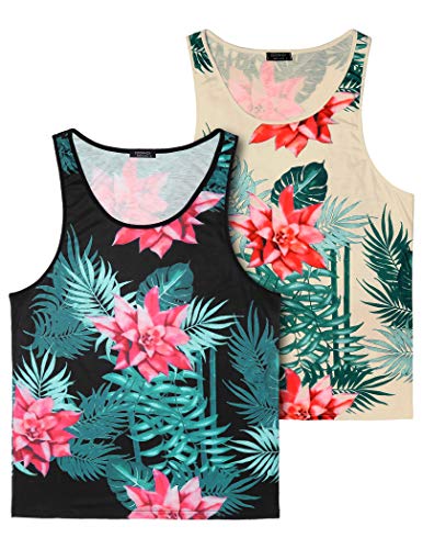 COOFANDY Men's Floral Tank Top Sleeveless Tees All Over Print Casual Sport Gym T-Shirts Hawaii Beach Vacation (Black/Beige, S)