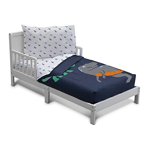 Delta Children Toddler Bedding Set | Boys 4 Piece Collection | Fitted Sheet, Flat Top Sheet w/Elastic Bottom, Fitted Comforter w/Elastic Bottom, Pillowcase, Jurassic | Blue