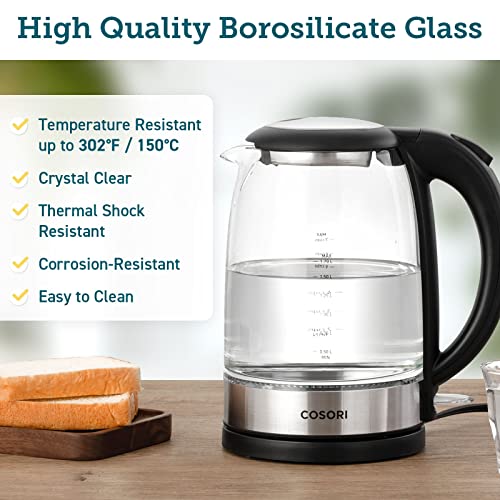 COSORI Electric Kettle with Stainless Steel Filter and Inner Lid, 1500W Wide Opening 1.7L Glass Tea Kettle & Hot Water Boiler, LED Indicator Auto Shut-Off & Boil-Dry Protection, BPA Free, Matte Black