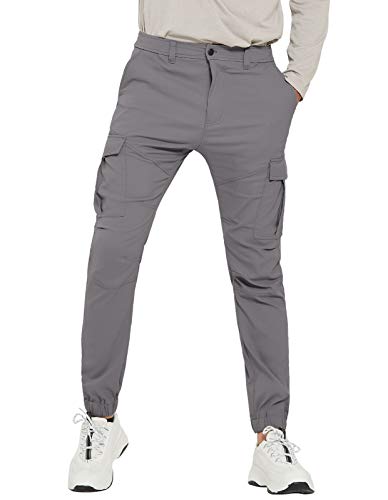 PULI Men's Hiking Cargo Pants Slim Fit Stretch Jogger Cycling Waterproof Outdoor Trousers with Pockets Grey 36