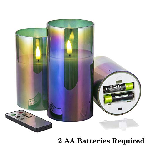 Eywamage Glass Flameless Candles Bundle, 3 Pack Gray LED Candles Green Battery Candles with Remotes
