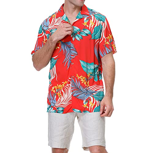 Damipow Hawaiian Shirts for Men Short Sleeve Aloha Beach Shirt Floral Summer Casual Button Down Shirts,Orange49690,4,L