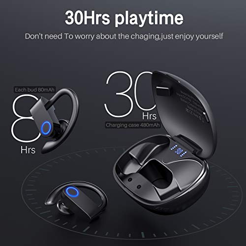 Wireless Earbuds, Bluetooth 5.0 Running Headphones Stereo Deep Bass Sport Earphones Built-in Mic Digital LED Display 30Hrs Playtime Headset with Ear Hooks for Sports Running Gym