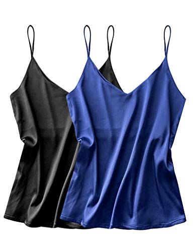 Ekouaer Basic 2 Pack Women's Silk Tank Top Ladies V-Neck Camisole Loose Sleeveless Blouse Tank Shirt