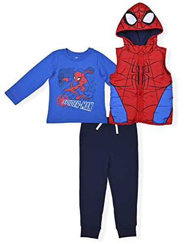 Marvel Spiderman Jogger Set for Boys, Hooded Vest, Long Sleeve Tee and Jog Pants for Kids, Size 6