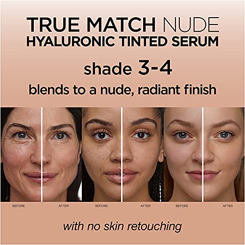 L'Oreal Paris True Match Nude Hyaluronic Tinted Serum Foundation with 1% Hyaluronic acid, Light-Medium 3-4, 1 fl. oz.