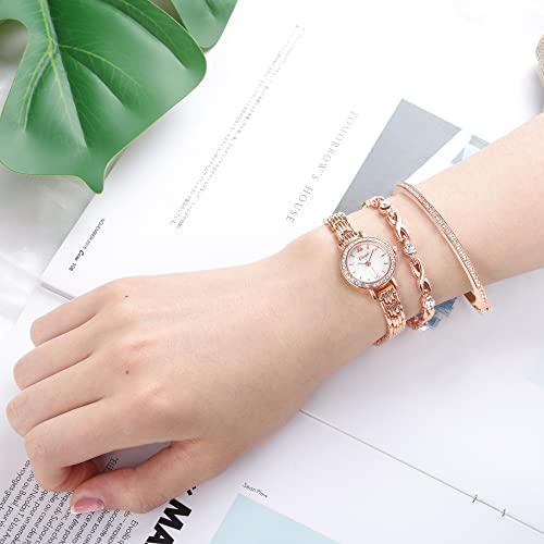 Clastyle Rose Gold Watch and Bracelet Set for Women Elegant Rhinestone Slim Wrist Watch with 2 Bangles Mother of Pearl Ladies Bracelet Watches Gift for Her