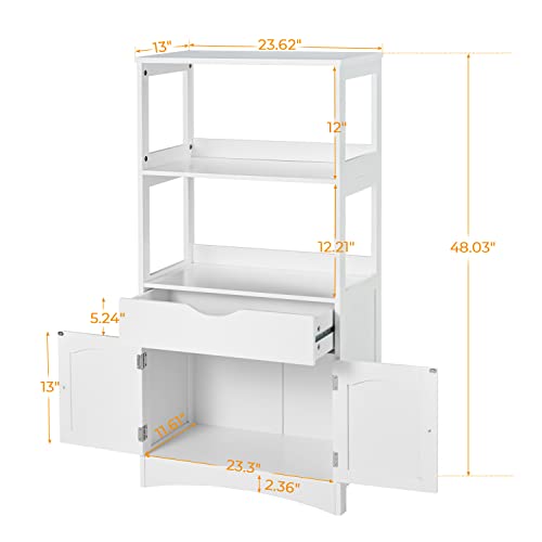 Sideboard Storage Cabinet with 2 Open Shelves, 1 Drawer & 1 Cupboard Kitchen Pantry Storage Cabinet with Microwave Space Freestanding Floor Bathroom Cabinet,Bookshelf,Display Unit for Home, White