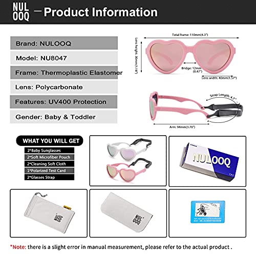 Flexible Heart Shaped Baby Polarized Sunglasses with Strap Adjustable Toddler & Infant Age 0-24 Months (White/Purple Mirrored + Pink/Pink Mirrored) - 2 Pack
