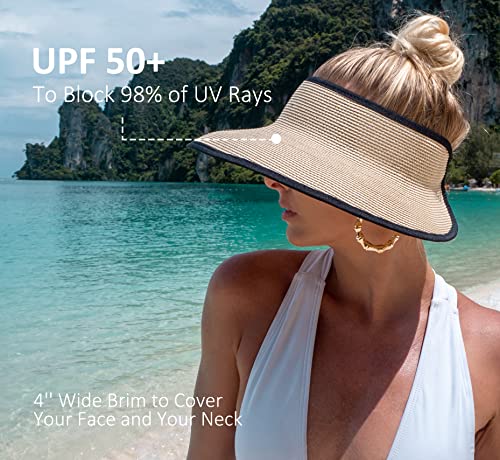 Joywant Womens Amia Summer Straw Visor Beach Hats with UV Protection Large Brim, Travel Packable Sun Visor Hat-Beige