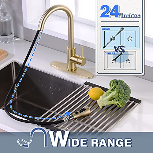 Brushed Gold Kitchen Faucet with Pull Down Sprayer WEWE, Single Handle Gold Kitchen Sink Faucet Stainless Steel Brass Copper Commercial RV 1 or 3 Hole, Champagne Bronze