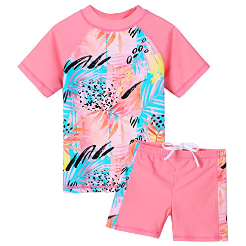 Girls Rash Guard Swimsuit Two Piece Floral Bathing Suit UPF 50+ UV Swimwear 3-12Y S342_Peach_14A