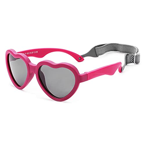 Baby's First Sunglasses with Strap, Unbreakable Polarized Newborn Infant Heart Sunglasses for Ages 0-12 Months (Hot Pink Frame / Grey Lens)