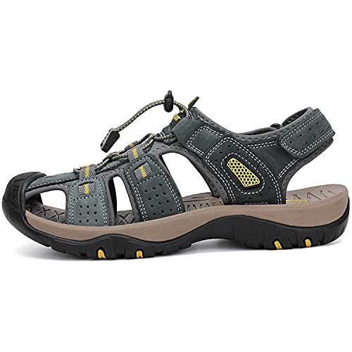 FLARUT Men's Sport Sandals Outdoor Hiking Sandals Closed Toe Leather Athletic Lightweight Trail Walking Casual Sandals Water Shoes (C-Gray,46)