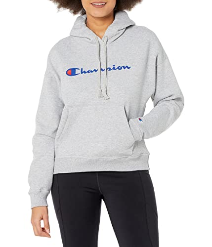 Champion Crewneck, Powerblend Relaxed Crew Hoodie, Best Pullover Hooded Sweatshirts for Women, Script, Oxford Gray-Y08113, X-Small