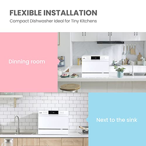 COMFEE’ Countertop Dishwasher, Portable Dishwasher with 6 Place Settings, Compact Dishwasher with 8 Washing Programs, Speed, Baby-Care, ECO& Glass, Mini Dishwasher for Dorm, RV& Apartment, White