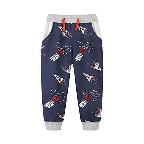 HILEELANG Toddler Boys Joggers Trousers Cartoon Rocket Casual Knit Fleece Elastic Pants Soft Cotton Sweatpants 3T