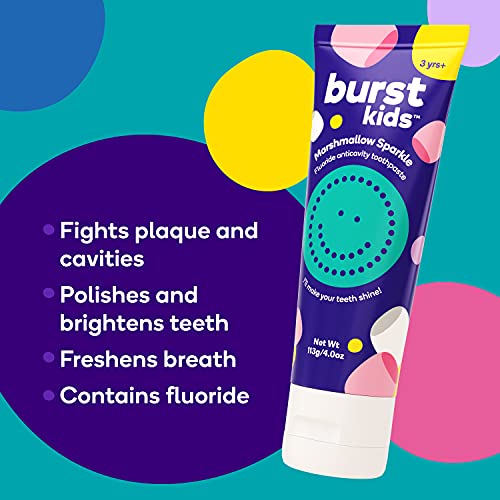 BURSTkids Marshmallow Sparkle Fluoride Toothpaste, Cavity Fighting, Reduces Plaque, Safe, Effective Toothpaste for Kids Ages 3+, Vegan, SLS & Gluten Free, 4oz, 2pk