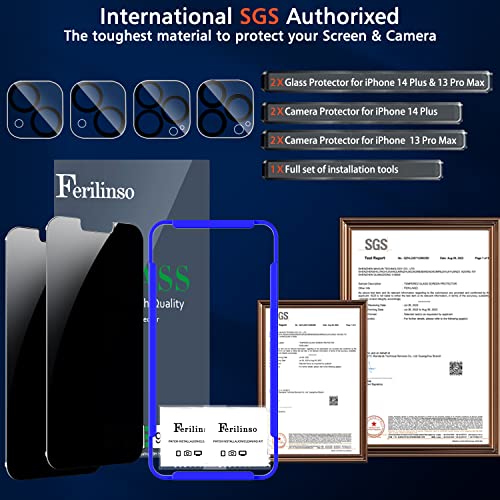 Ferilinso Compatible for iPhone 14 Plus & iPhone 13 Pro Max Privacy Screen Protector 2 Pack 9H Anti Spy Tempered Glass with 2 Pack Camera Lens Protector Case friendly Bubble Free Accessories
