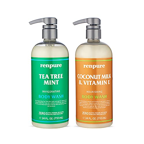 Renpure LLC Tea Tree Mint Oil & Coconut Vitamin E, Sulfate Free Moisturizing Body Wash For Dry Sensitive Skin, Antibacterial Body & Hand Soap For Men Women Kids & Toddlers, White, 24 Oz