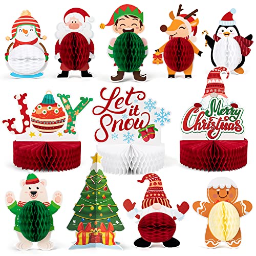 Mocoosy 12 Pack Christmas Party Honeycomb Centerpieces for Table Decorations, Xmas Center Pieces Table Topper with Gnome Santa Snowman Tabletop Centerpieces Decor Holidays Winter Office Party Supplies