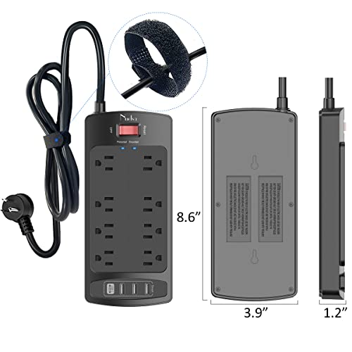 Surge Protector Power Strip , Nuetsa Extension Cord with 8 Outlets and 4 USB Ports, 6 Feet Power Cord (1625W/13A) , 2700 Joules, ETL Listed, Black