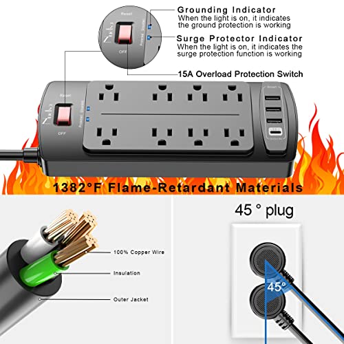 Surge Protector Power Strip , Nuetsa Extension Cord with 8 Outlets and 4 USB Ports, 6 Feet Power Cord (1625W/13A) , 2700 Joules, ETL Listed, Black