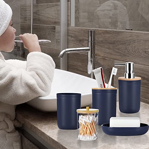 iMucci 8Pcs Navy Blue Bathroom Accessories Set - with Trash Can Toothbrush Holder Soap Dispenser Soap and Lotion Set Tumbler Cup…
