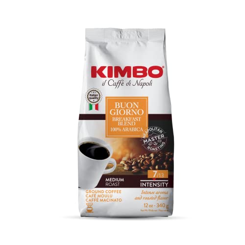 Kimbo Buongiorno Breakfast Blend 100% Arabica Ground Coffee - Blended and Roasted in Italy - Medium to Dark Roast - 12 oz Bag