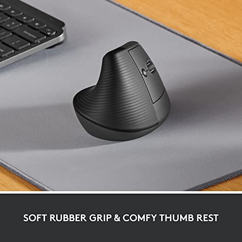 Logitech Lift Vertical Ergonomic Mouse, Wireless, Bluetooth or Logi Bolt USB receiver, Quiet clicks, 4 buttons, compatible with Windows/macOS/iPadOS, Laptop, PC - Graphite