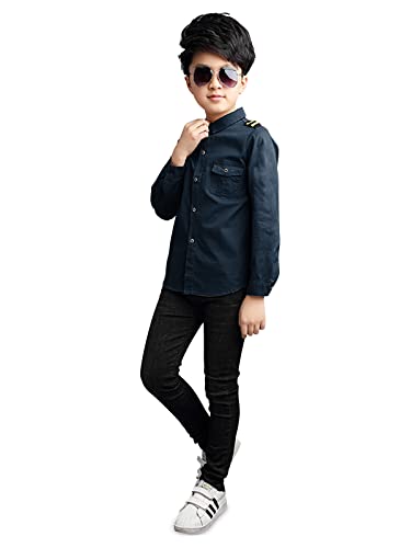Phorecys Little Big Boys' Long Sleeve Dress Shirts Formal Uniform Cotton Solid Blue 2 Tag 150CM - 7-8 Years