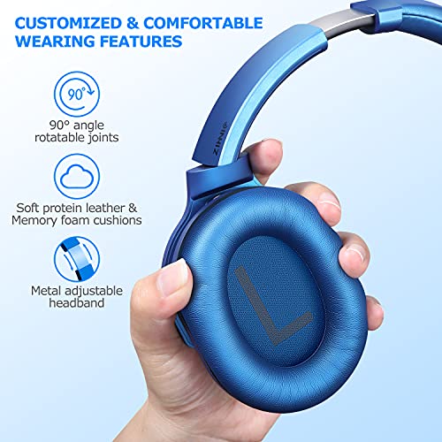 Zihnic Active Noise Cancelling Headphones, 40H Playtime Wireless Bluetooth Headset with Deep Bass Hi-Fi Stereo Sound,Over-Ear Headphone,Comfortable Earpads for Travel/Home/Office (Blue)