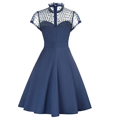 Women's Vintage Polka Dot 1950s A-line Cocktail Dress 60s Retro Party Wedding Formal Swing Dresses Size M Navy Blue 361